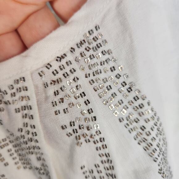 Eileen Fisher Linen Beaded Boho Tank Top Cream Lagenlook M - Picture 2 of 7